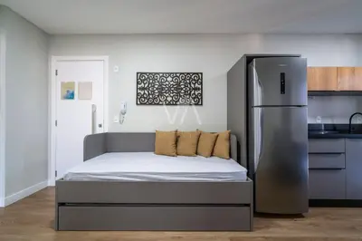 Uma cama ou camas num quarto em 508- Apart com vista ao mar com piscina em Bombas