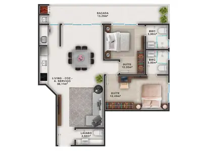 A planta de 108 - Apartamento com 02 suítes para até 6 pessoas