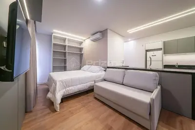 A cozinha ou kitchenette de 402 Flat Moderno e Bem Localizado a 120 metros da praia de Bombinhas Até 4 Pessoas