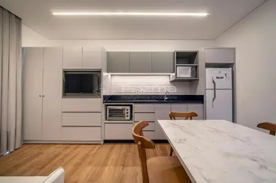 A cozinha ou kitchenette de 413 Flat Moderno e Bem Localizado a 120 metros da praia de Bombinhas Até 4 Pessoas