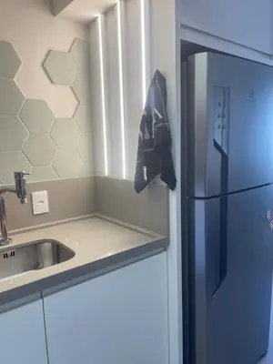 A cozinha ou kitchenette de Apê de fundos em condo beira mar com garagem e Wi-Fi