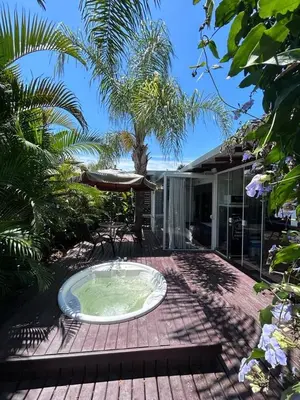 Um jardim no exterior de chalé com jacuzzy