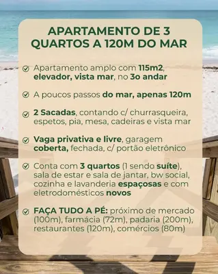 A planta de Amplo apartamento de 3 quartos a 120m da praia, com vista mar