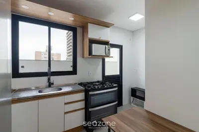 A cozinha ou kitchenette de Aptos a 220 da Praia de Perequê próx. do Centro - ARFs