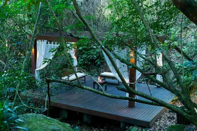 Um jardim no exterior de Pousada Vila do Bosque