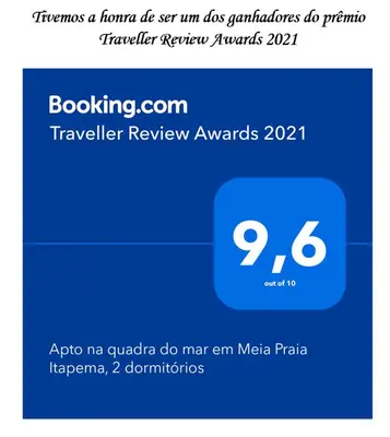 Um certificado, prémio, placa ou documento mostrado em Apto na quadra do mar em Meia Praia Itapema, 2 dorm, 6 pessoas