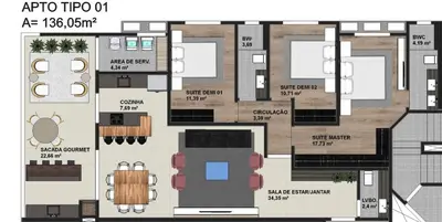 A planta de Apto amplo 3 quartos 2 vagas próximo à praia Ed Bordo